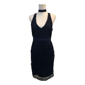 LIKELY Navy Blue Lace Choker Neck Halter‎ Bodycon Dress - Size 8